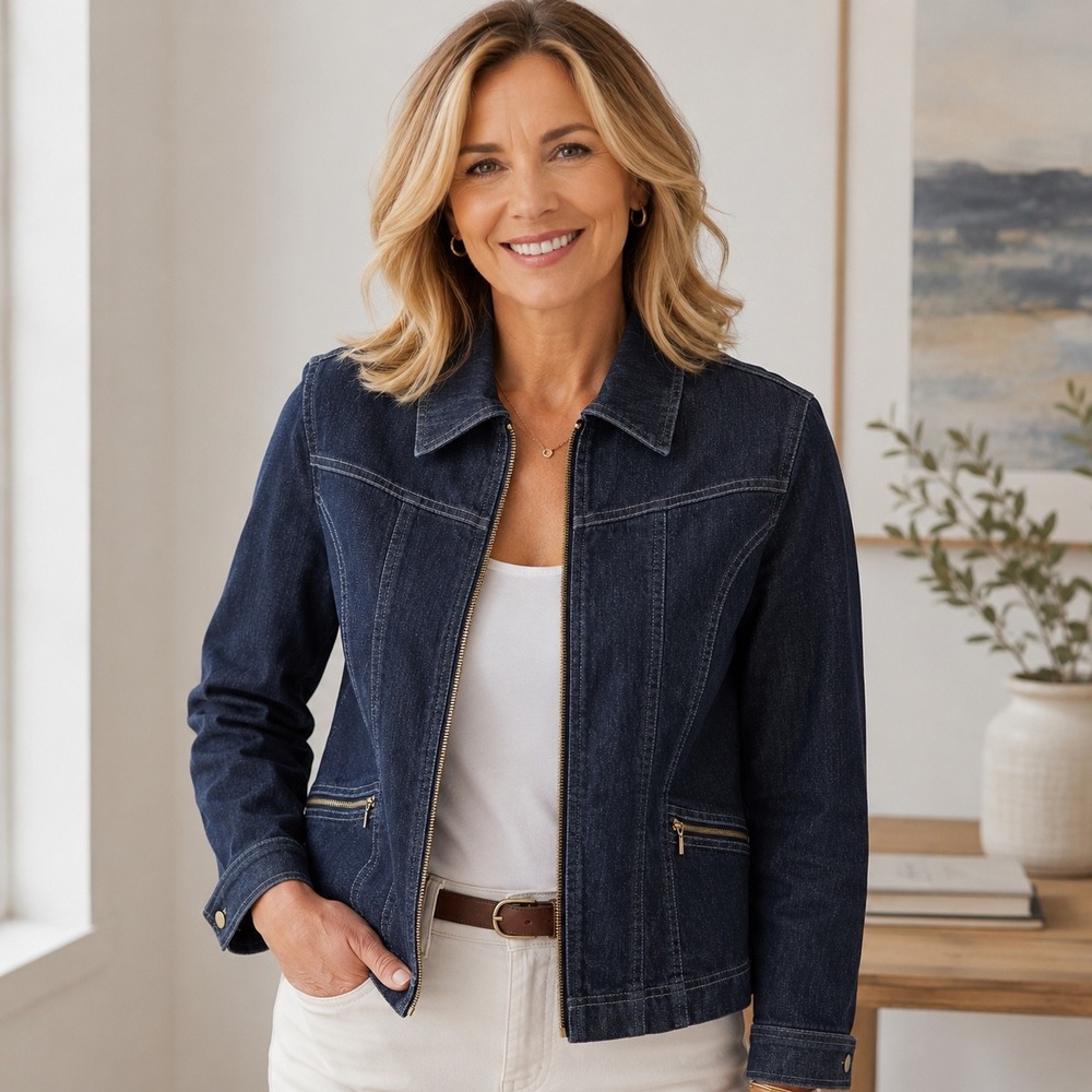 Westbound Womens Dark Wash Full Zip Denim Jacket Large Blue Stretch Cotton Blend